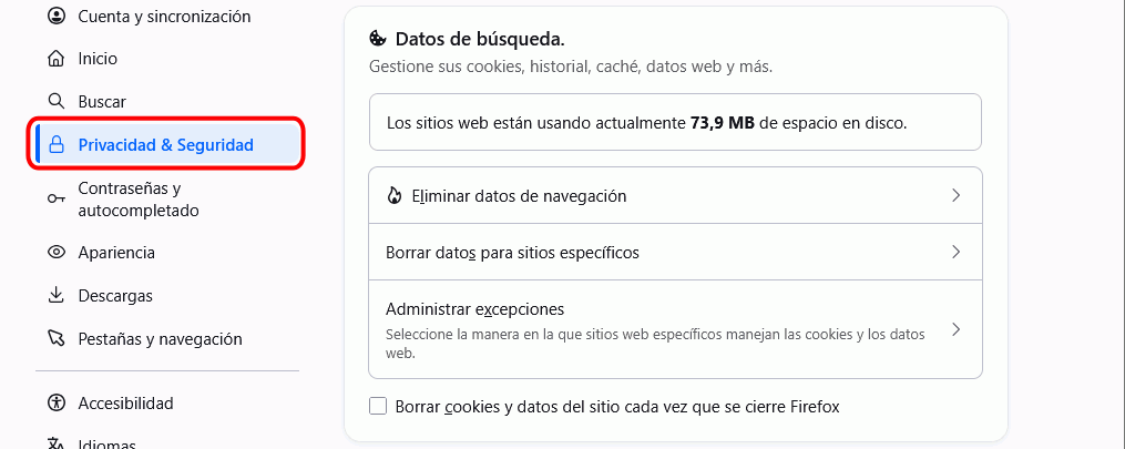 Firefox - Menú Ajustes > Privacidad y Seguridad > Datos de búsqueda 1