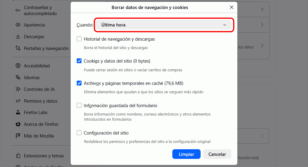 Firefox - Menú Ajustes > Privacidad y Seguridad > Datos de búsqueda 2