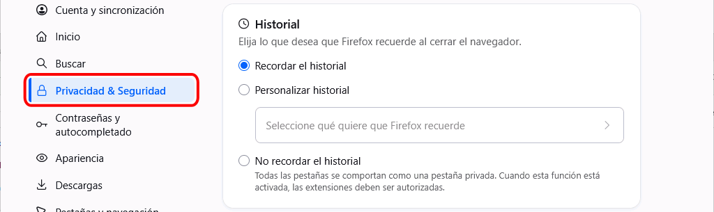 Firefox - Menú Ajustes > Privacidad y Seguridad > Historial