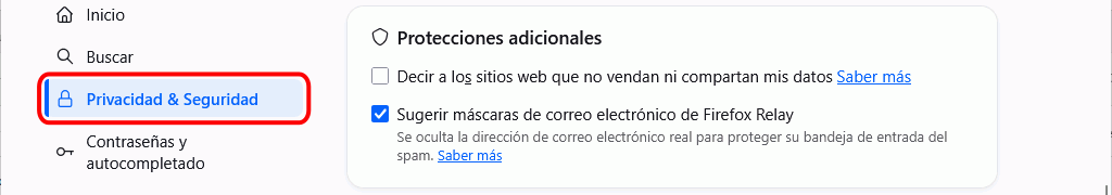 Firefox - Menú Ajustes > Privacidad y Seguridad > Protecciones adicionales