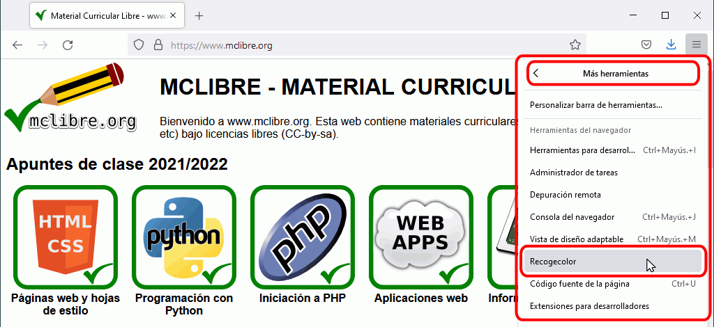 Menú Herramientas > Desarrollador Web > Selector de color