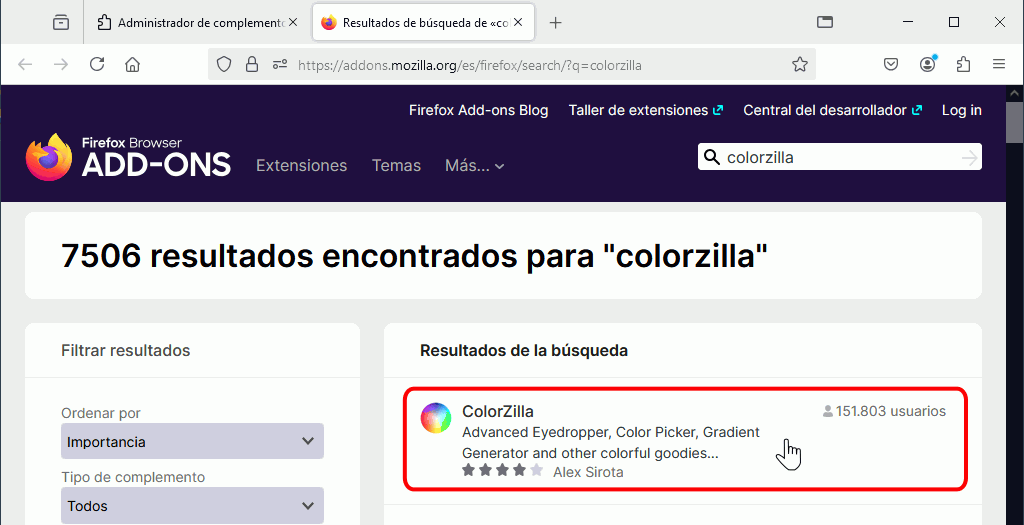 Instalación desde Administrador de complementos. ColorZilla