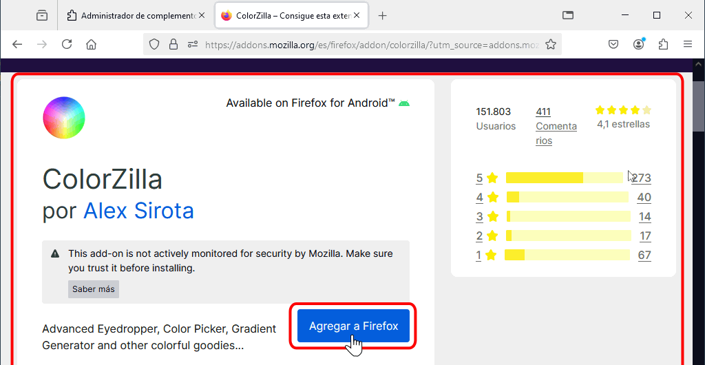Instalación desde Administrador de complementos. ColorZilla