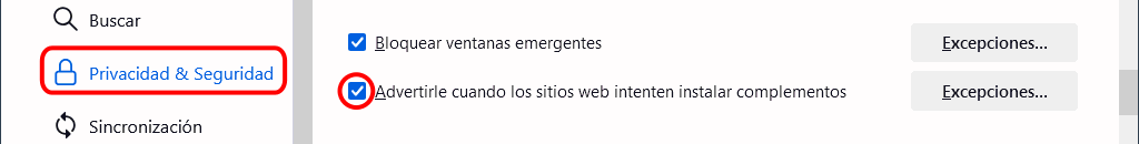 Menú Herramientas > Opciones > Privacidad y Seguridad