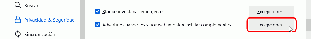 Menú Herramientas > Opciones > Privacidad y Seguridad