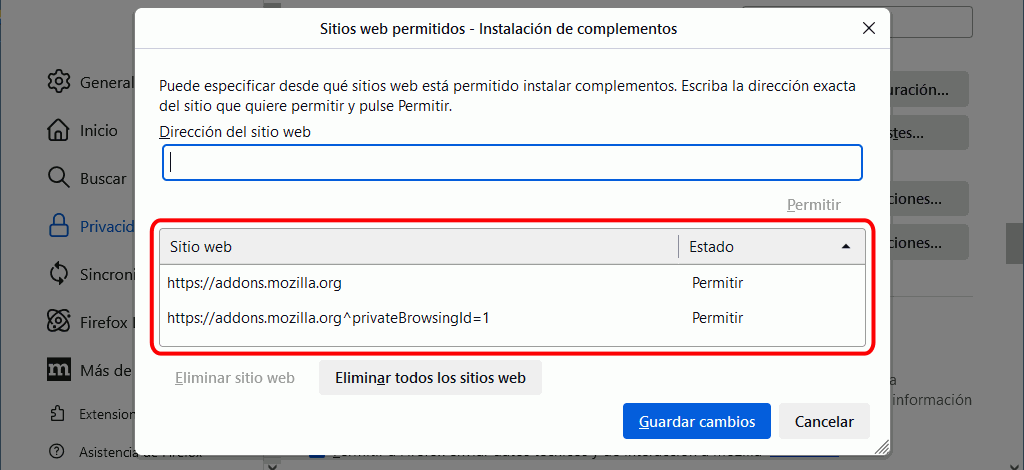 Menú Herramientas > Opciones > Privacidad y Seguridad