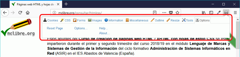Firefox. Extensión Web Developer