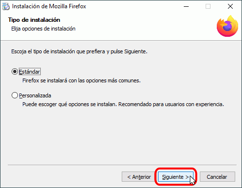 Firefox - Instalación - Tipo de instalación