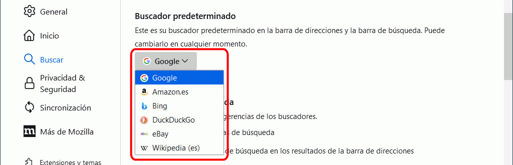 Firefox. Configuración. Ajustes > Buscar > Buscadores con un clic