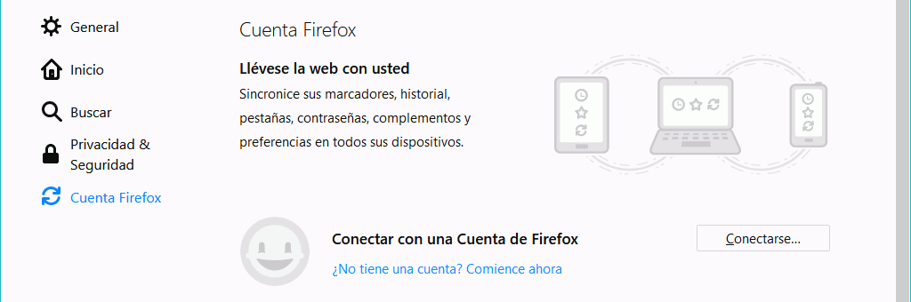 Firefox. Configuración. Ajustes > Cuenta Firefox