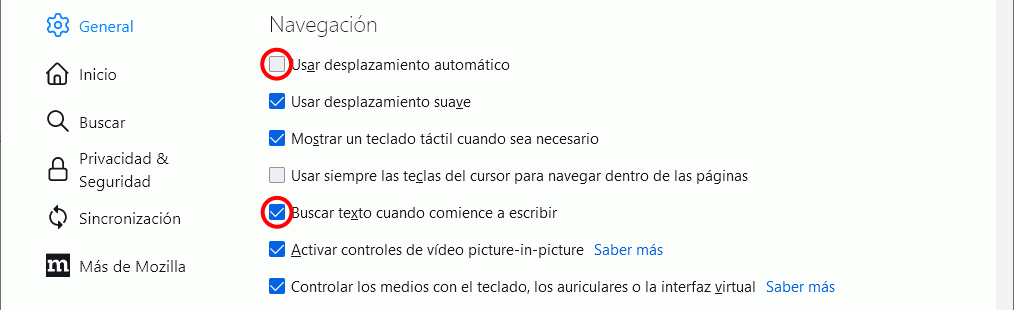 Firefox. Configuración. Ajustes > General > Navegación