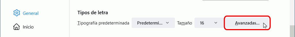 Firefox - Menú Herramientas > Ajustes > General > Tipografía...