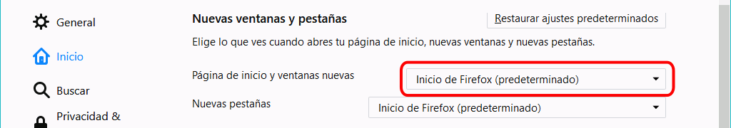 Firefox. Configuración. Ajustes > Inicio > Nuevas ventanas