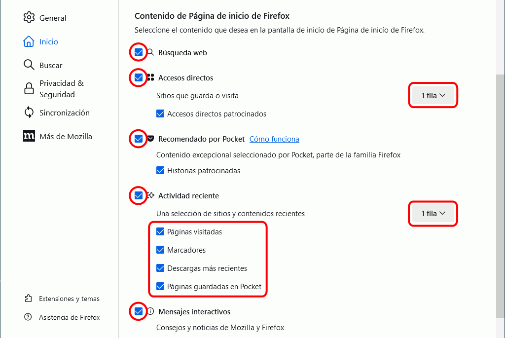 Firefox. Configuración. Ajustes > Inicio > Contenido de la página de inicio