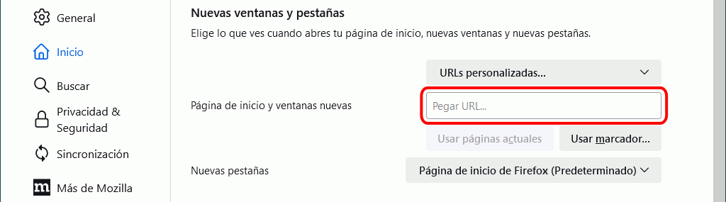 Firefox. Configuración. Ajustes > Inicio > Nuevas ventanas