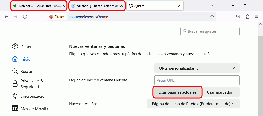 Firefox. Configuración. Ajustes > Inicio > Nuevas ventanas