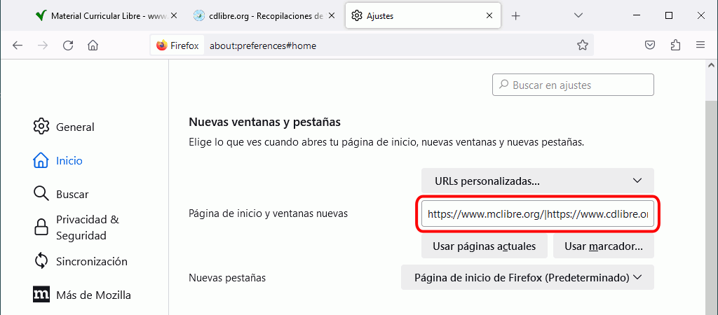 Firefox. Configuración. Ajustes > Inicio > Nuevas ventanas