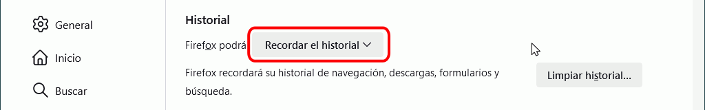 Firefox. Configuración. Ajustes > Privacidad > Historial