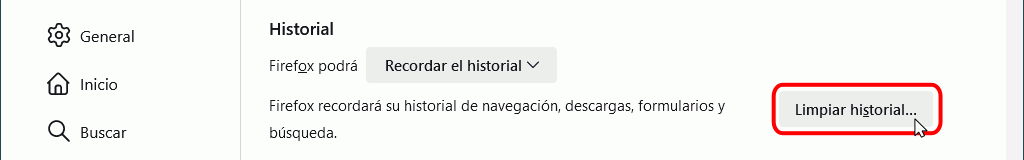 Firefox. Configuración. Ajustes > Privacidad > Historial