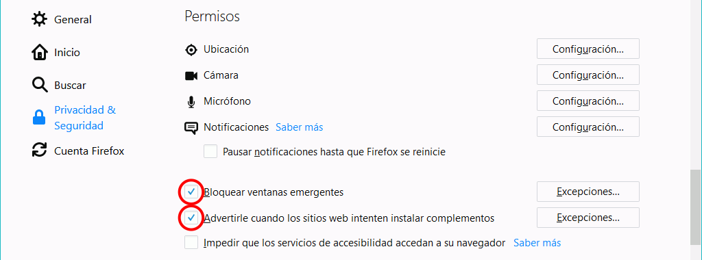 Firefox. Configuración. Ajustes > Privacidad > Historial