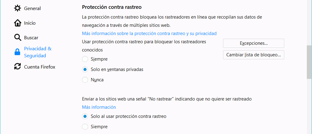 Firefox. Configuración. Ajustes > Privacidad > Historial