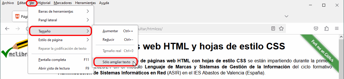 Firefox. Ver > Tamaño > Sólo ampliar texto