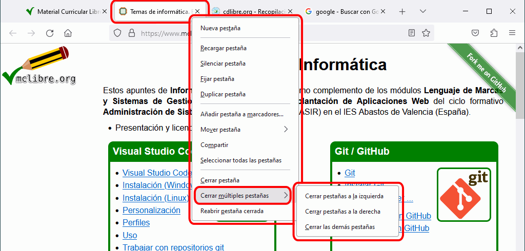 Firefox. Cerrar las demás pestañas