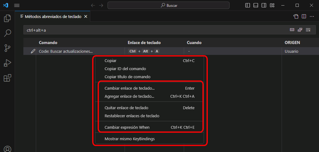 VSC. Modificar o borrar atajo de teclado