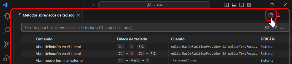 VSC. Archivo keybindings.json