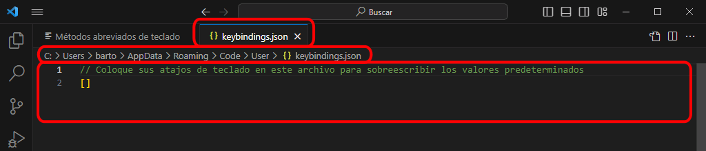 VSC. Archivo keybindings.json