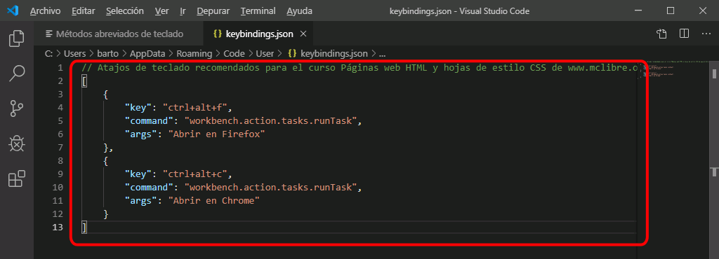 VSC. Crear atajo de teclado