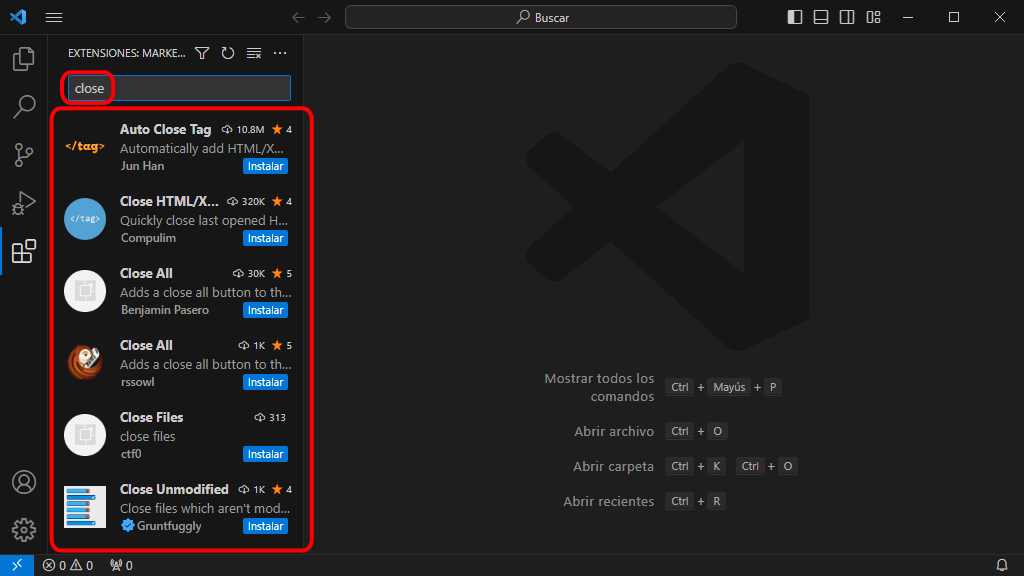 VSC. Instalar extensiones