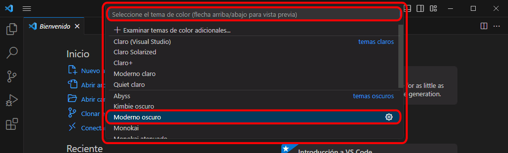 VSC. Cambiar tema de color