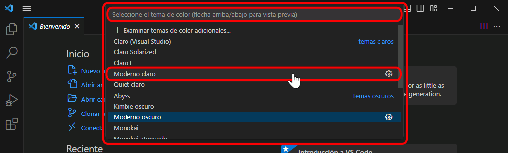 VSC. Cambiar tema de color