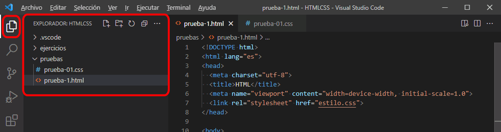 Visual Studio Code. Apartados del Explorador en la barra de actividades