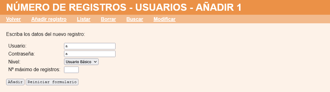 Número de registros de usuarios