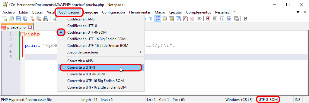 Quitar BOM con Notepad++