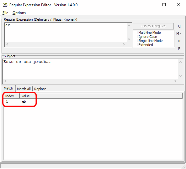 Regular Expression Editor - Coincidencia