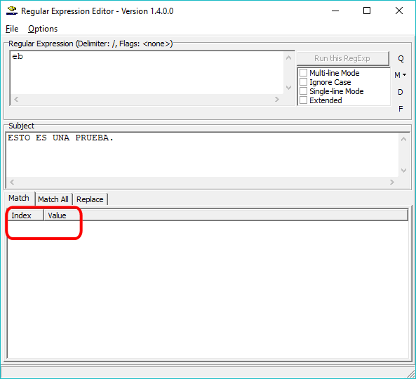 Regular Expression Editor - No coincidencia