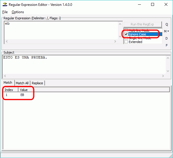 Regular Expression Editor - Modificador i