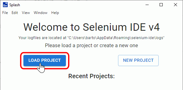 Selenium IDE. Ventana inicial