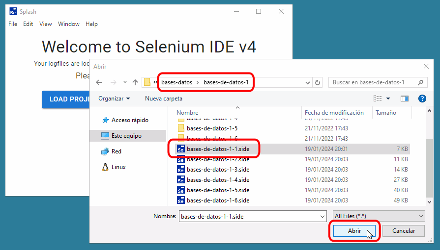 Selenium IDE. Seleccionar proyecto a abrir