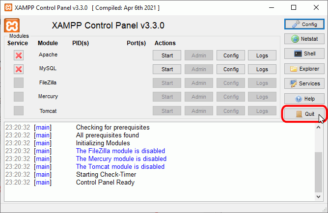 XAMPP - Cerrar el panel de control