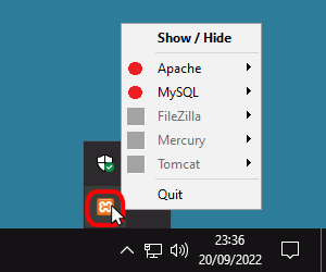 XAMPP - Menú del icono