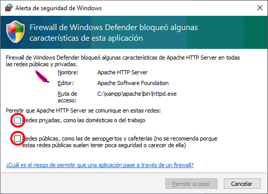 XAMPP - Aviso del cortafuegos de Windows