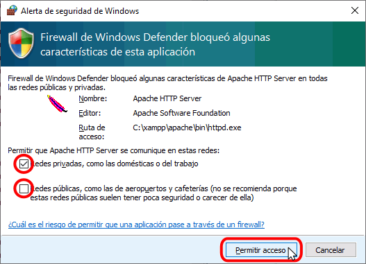 XAMPP - Aviso del cortafuegos de Windows