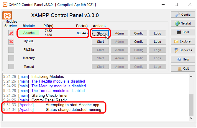 XAMPP - Apache arrancado