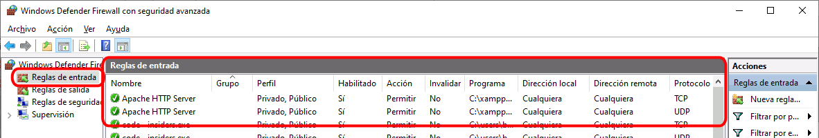 XAMPP - Cortafuegos de Windows
