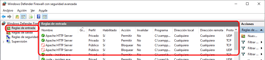 XAMPP - Cortafuegos de Windows
