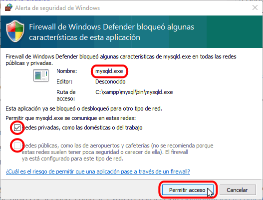 XAMPP - Aviso del cortafuegos de Windows